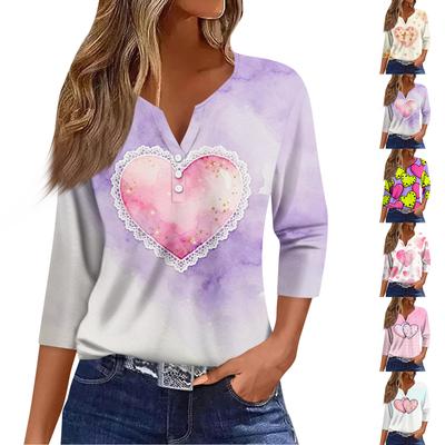 Women's Fashion Button-Up V-Neck Three-Quarter Sleeve Valentine's Day Print Top