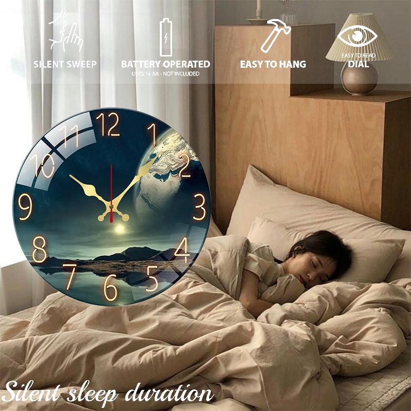 Earth Landscape Wooden Round Silent Hanging Wall Clock, Suitable For Living Room, Office, Study Room, Bedroom, Home Decoration