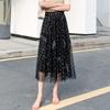 Qooth Polka Dot Midi Skirt Calf Length Tulle Skirt Embroidery Print with Paillette for Summer QT2108
