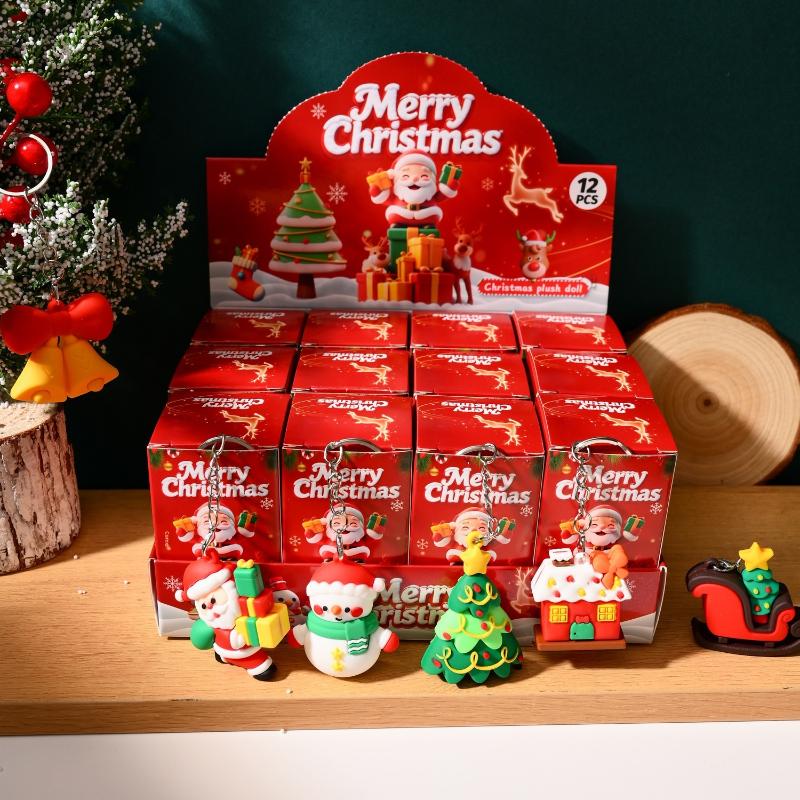 12Pcs Christmas Keychain Blind Box Cartoon Santa Claus Tree Snowman Keyring Backpack Pendant Surprise Box  Year Party Gift