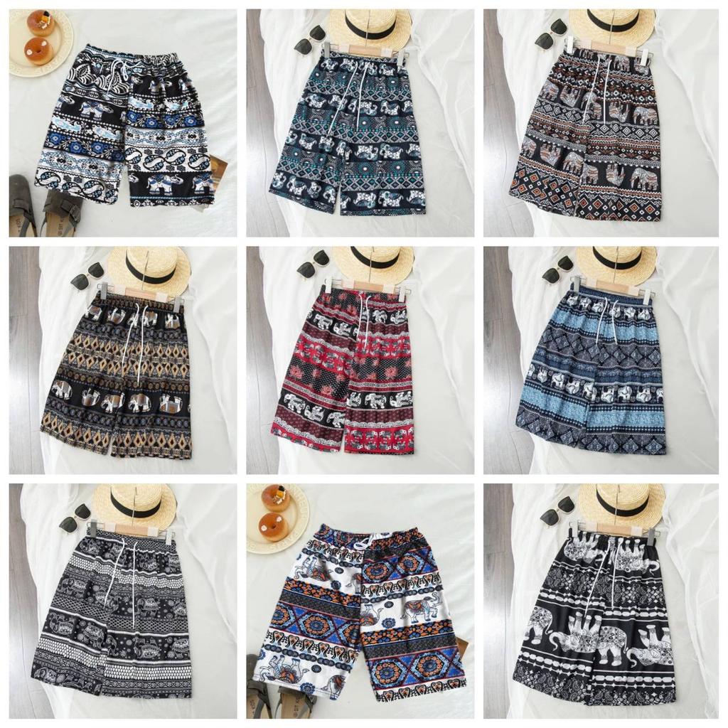 Elephant Pants Shorts Casual Adjustable Elastic High Waistband Strap Rope Women Men Unisex Print Thailand Streetwear Beach Bohemian Retro Vintage