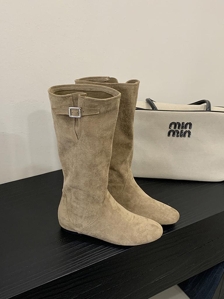 Show long legs! Frosted suede medium tube stacking boots, wide tube looks thin, but inner knee height increase, knight boots, genuine leather boots