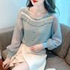 Sweet Fashion Spring Autumn New Women's Solid Square Collar Lace Patchwork Button France Chic Long Sleeve Chiffon Shirt Tops
