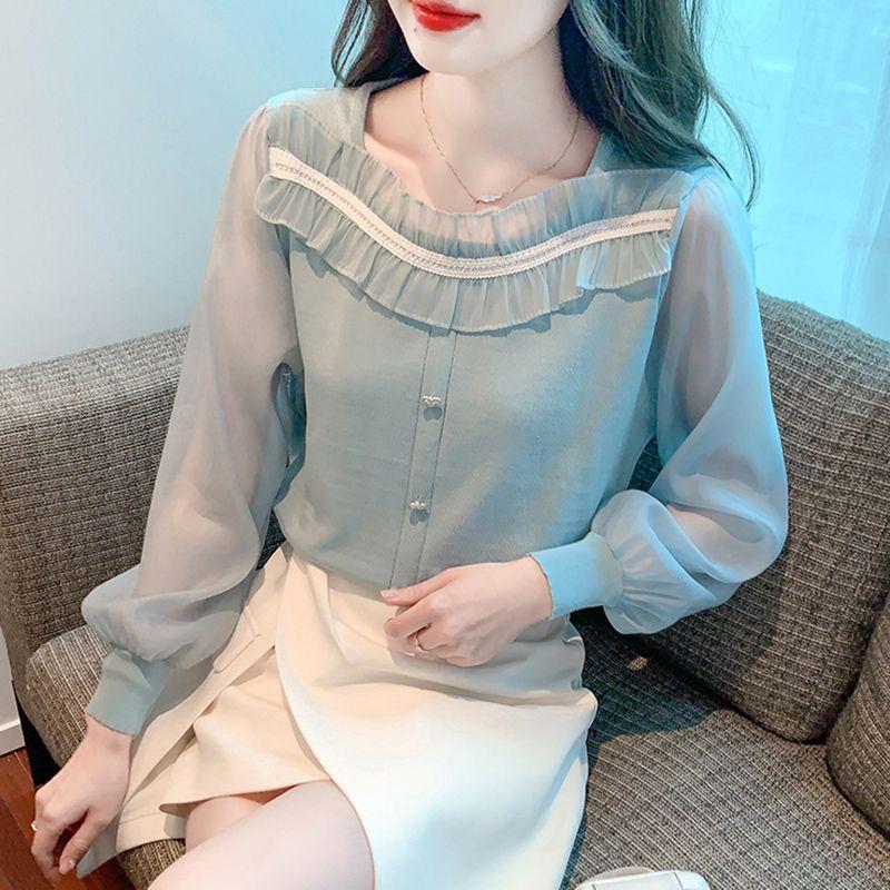 Sweet Fashion Spring Autumn New Women's Solid Square Collar Lace Patchwork Button France Chic Long Sleeve Chiffon Shirt Tops