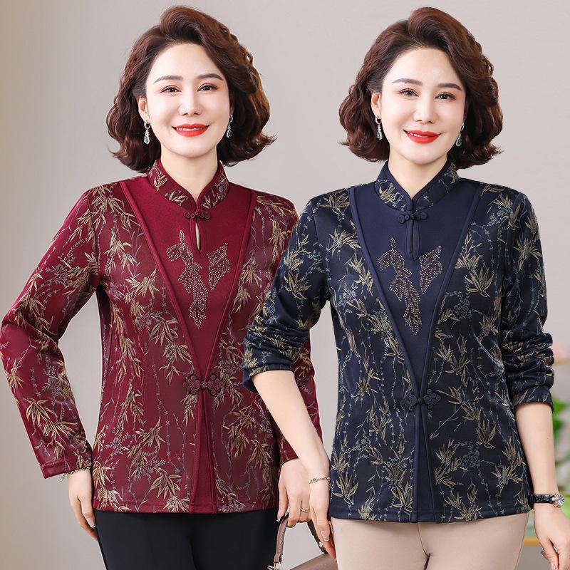 Elegant Long-Sleeve Red Chinese Print Top for Middle-Aged and Elderly Women - New Spring/Autumn Arrival