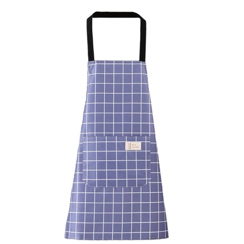 White Fang Plaid Apron with Pockets, Neck Strap, for Cafes, Cooking Classes, Men's and Women's, EP002 (Blue)