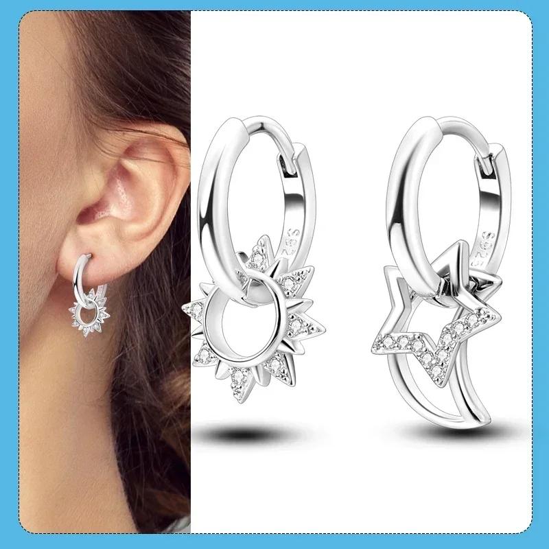 925 Silver Love Feather Moon Star Heart Earrings Fit Original Charms Hoop for Women Girls Stud Earring Jewelry Gifts