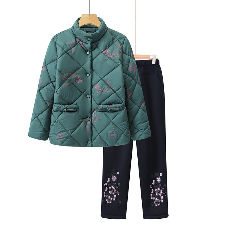 

Elderly Women s Thickened Velvet Winter Suit: Stand Collar Cotton Coat & Pants 4XL for 135-150 jin зелений