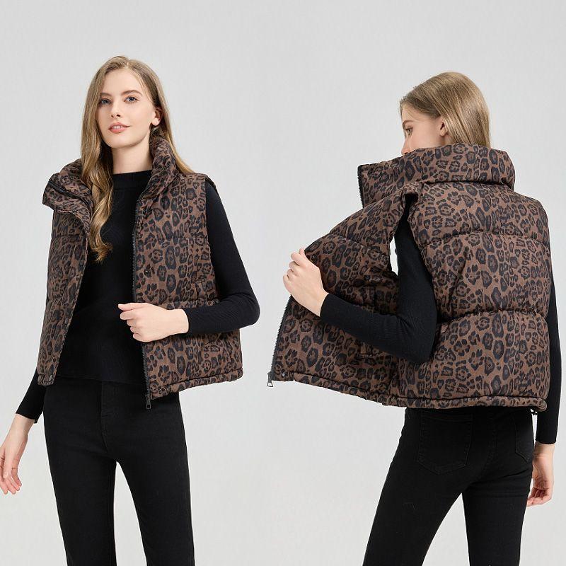 Mote Leopardmønstret Kort Vest Ståkrage Varm Ermeløs Jakke Dame Yttertøy Høst Vinter