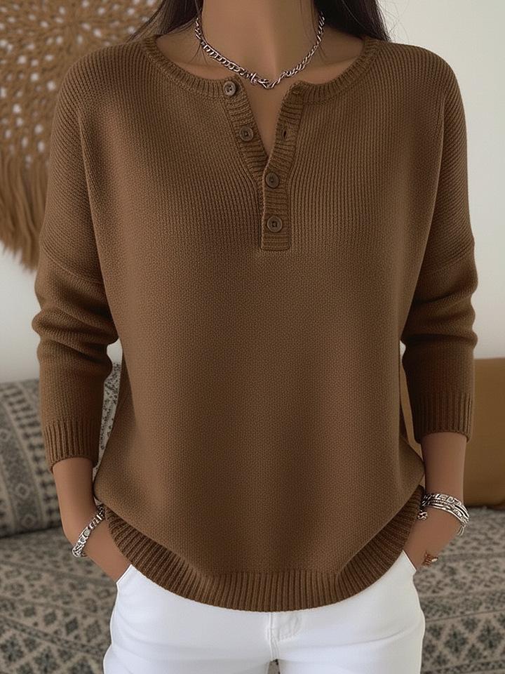 Women's Button Detail V-Neck Long Sleeve Knit Sweater Loose Fit Casual Pullover