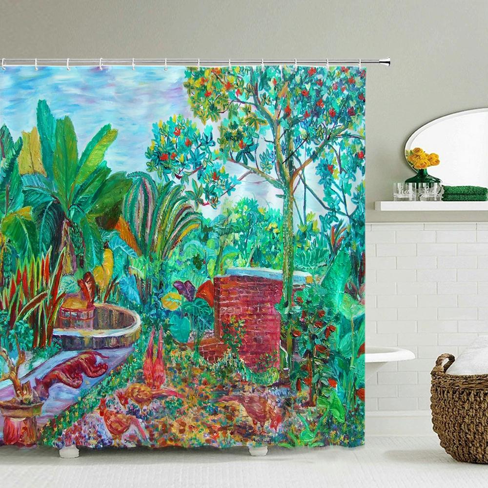 Town Street Scenery Shower Curtains Home Decor Polyester Fabric Bathroom Shower Curtains Oil Painting Waterproof Bath Curtains
