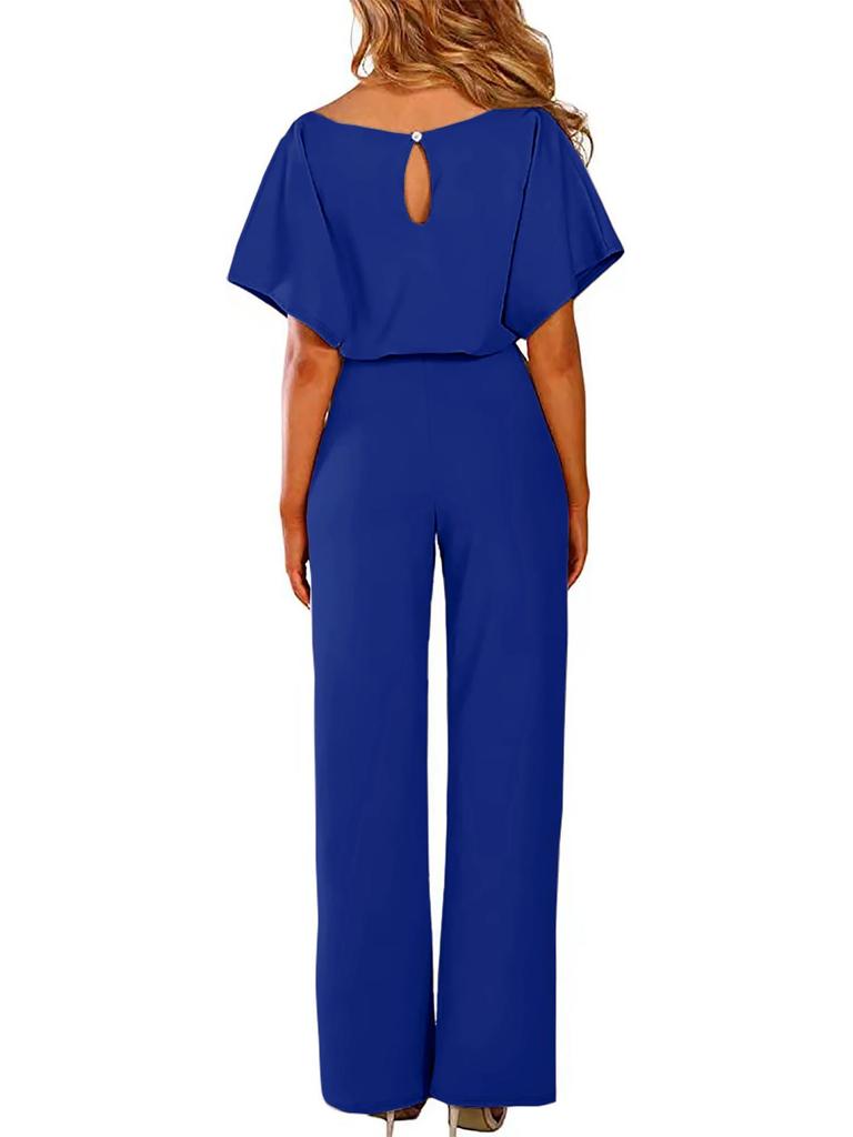 Solid Color Short-Sleeve Tie-Sleeve Romper Jumpsuit