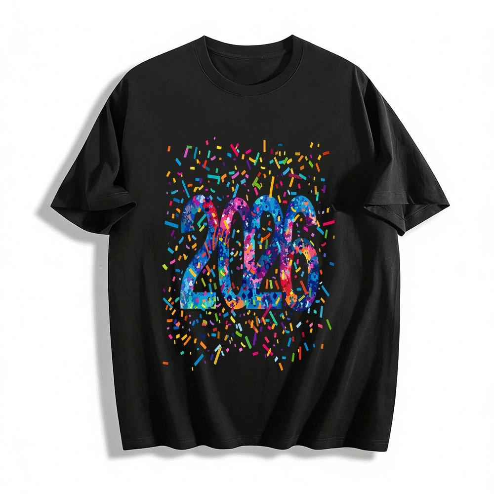 2026 New Year Celebration Confetti Print Casual Short Sleeve Top Pure cotton T-shirt XXS