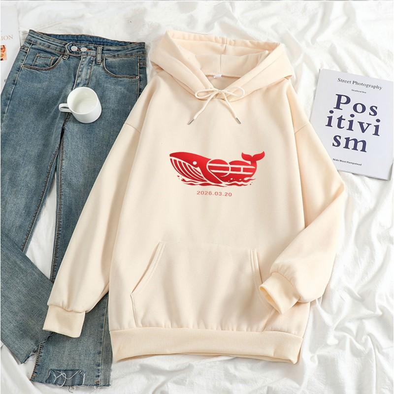 Red Whale Heart Hoodie Unisex Loose Fit Couple Sweatshirt Star Fans Streetwear