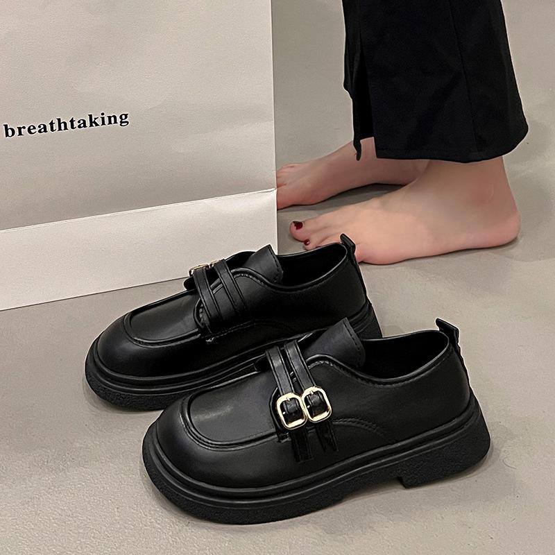 Обувь Женская 2025 Новая Весна и Осень Черная Платформа Одинарная Обувь Универсальная Маленькая Кожаная Обувь Один Педаль 35 чёрный 1795₽