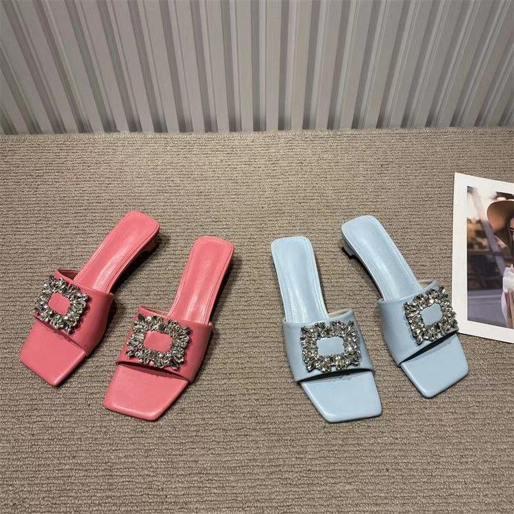 Fashion rhinestone square buckle one-character medium heel cool slippers women