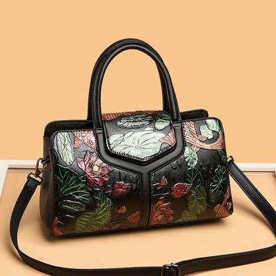 Moda Çanta Taşınabilir Kadın Deri Çanta Çok Yönlü Retro Kabartmalı Çiçek Kadın Omuz ve Crossbody Çanta