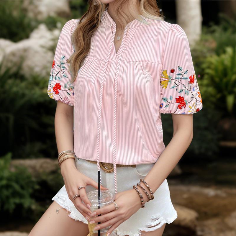 

ZANZEA Женская повседневная блузка с V-образным вырезом, летняя, с коротким рукавом, вышивкой и полосками 5XL