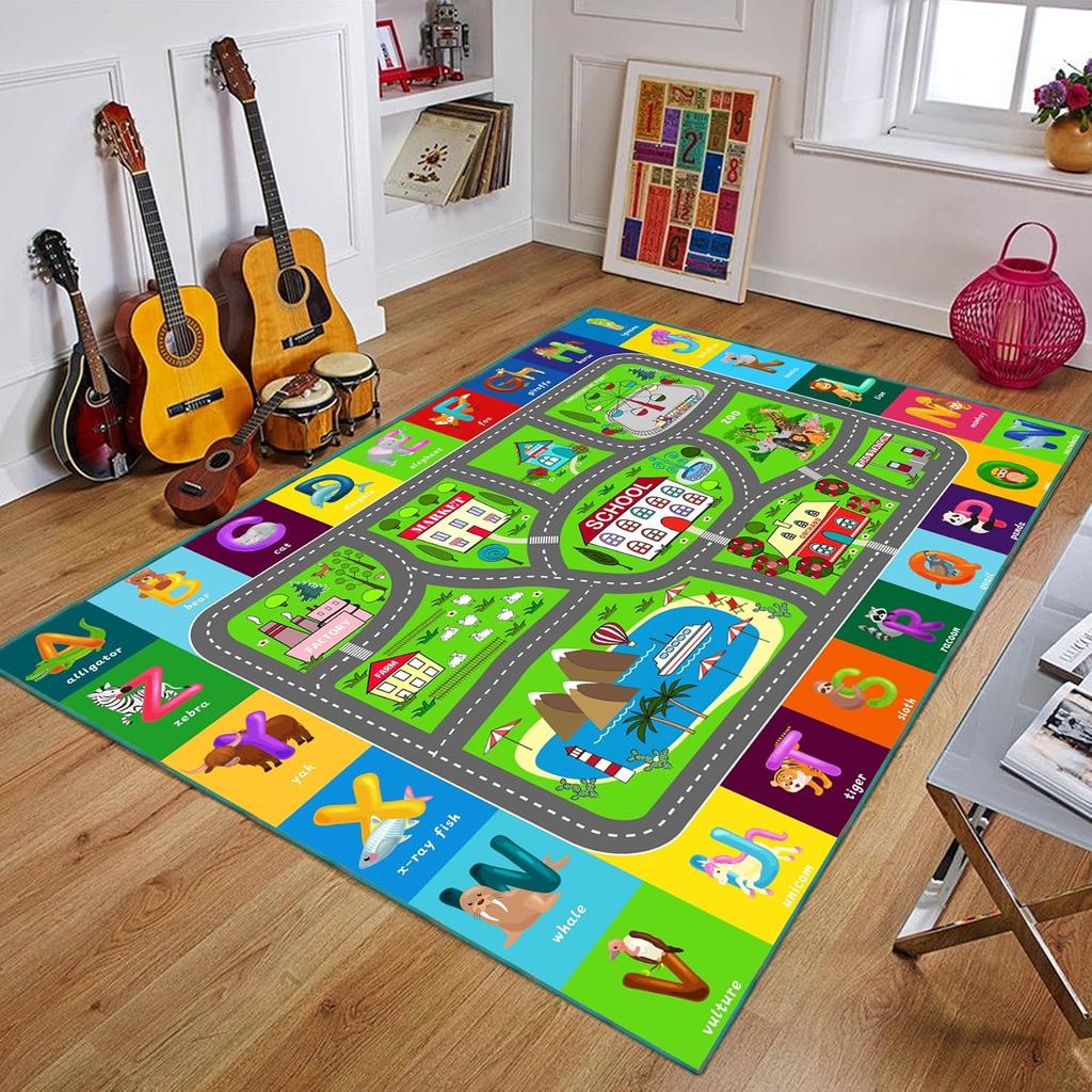 Educational ABC Alphabet Floor Mat Cartoon Carpet for Kids' Playroom or Bedroom Non-Slip Rug Early Learning Living Room Decor