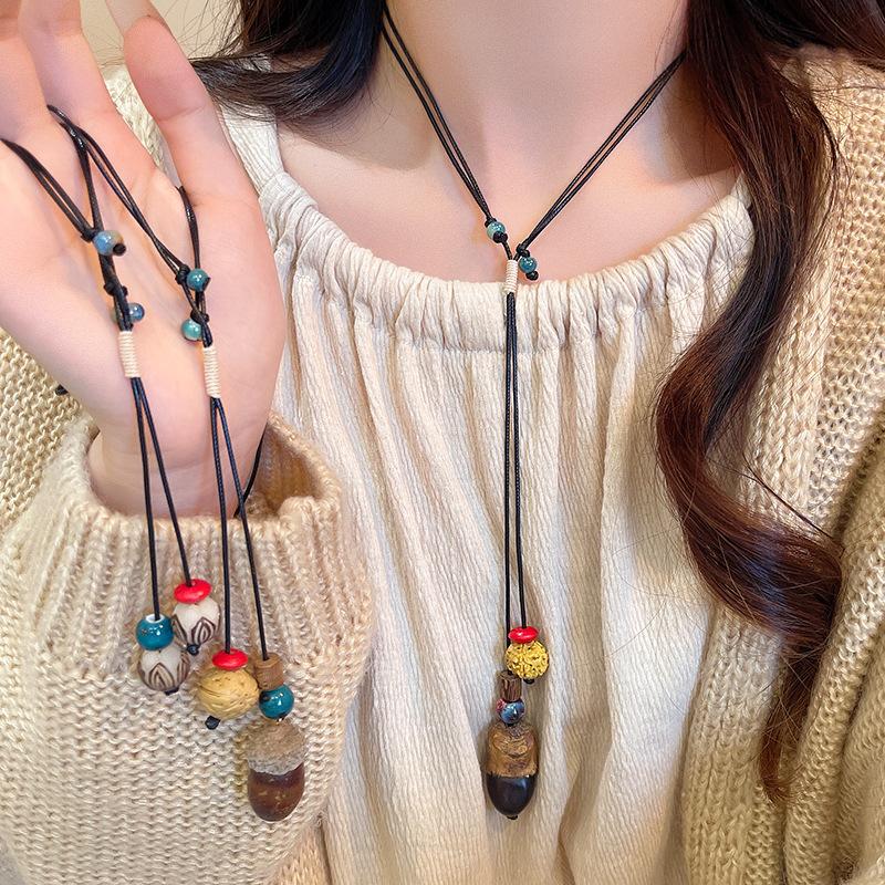 Retro Heart-shaped Bow Pendant Necklace for Women, New Chinese-style Zen-inspired Feather Peace Pendant