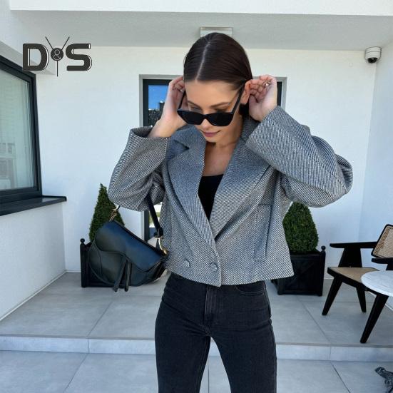 Kurtka damska na jesień i zimę w stylu angielskim, luźna, zapinana na dwa guziki, jednolity kolor, grube, długie rękawy, kołnierzyk wykładany, płaszcz dojazdowy na zewnątrz