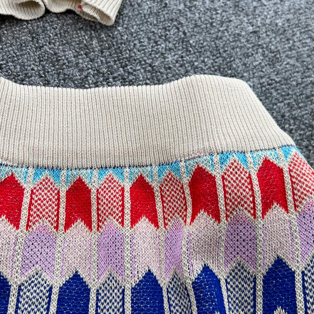 Retro Color Contrast Color Diamond Round Neck Knit Cardigan Top Two Piece Suit High Waist Pack Hip Skirt Short Skirt