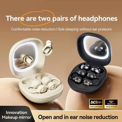 2 Pairs Wireless Bluetooth Earbuds Sleep Noise Cancelling Earphones Ear Hook Sport Headphones with Makeup Mirror Built-in Charging Case