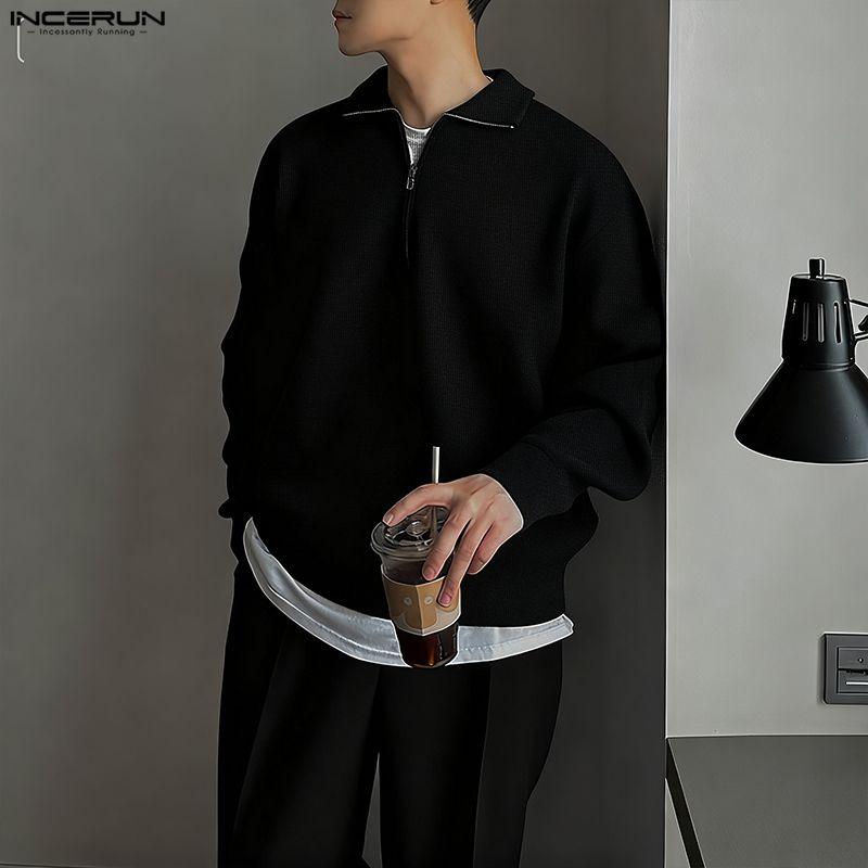 INCERUN Spring Men Stand Neck Long Sleeve Zip-up Texture Rib Knitted Pullovers Tops