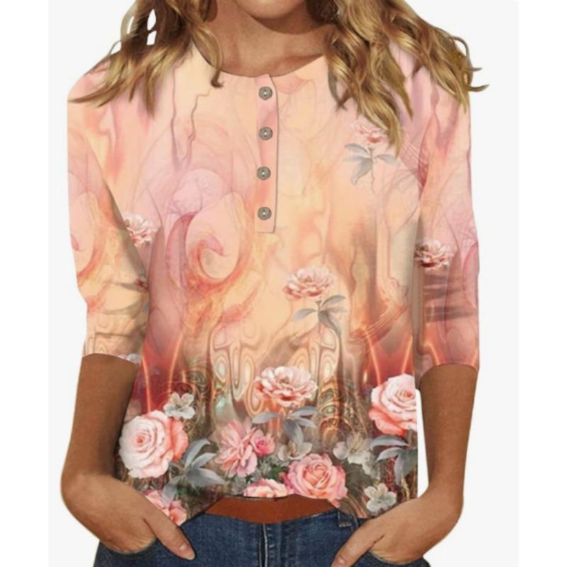 Button V-neck 3D Printed Top Fashionable Casual Long Sleeved Women's T-shirts