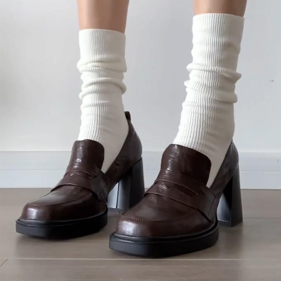 Cowhide Version~ Retro British High-heeled Small Leather Shoes Women's Thick Heel One-pedal Loafers Square Head College Style Jk Women's Shoes