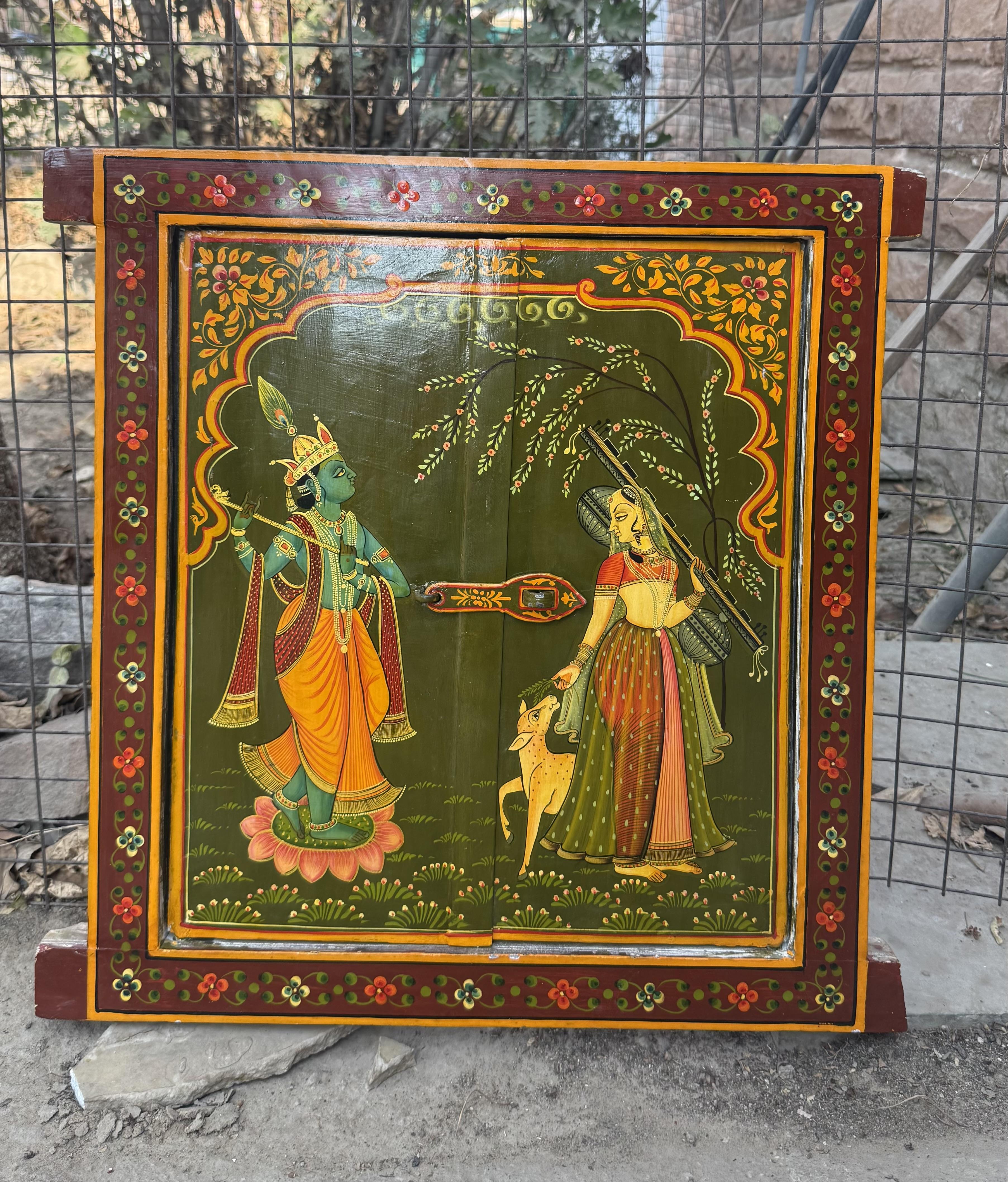 Old Wooden Radha Krishna Hand Painted Window Indian Religious Folk Art 21” X 21” X 1” (h x l x w) approx.