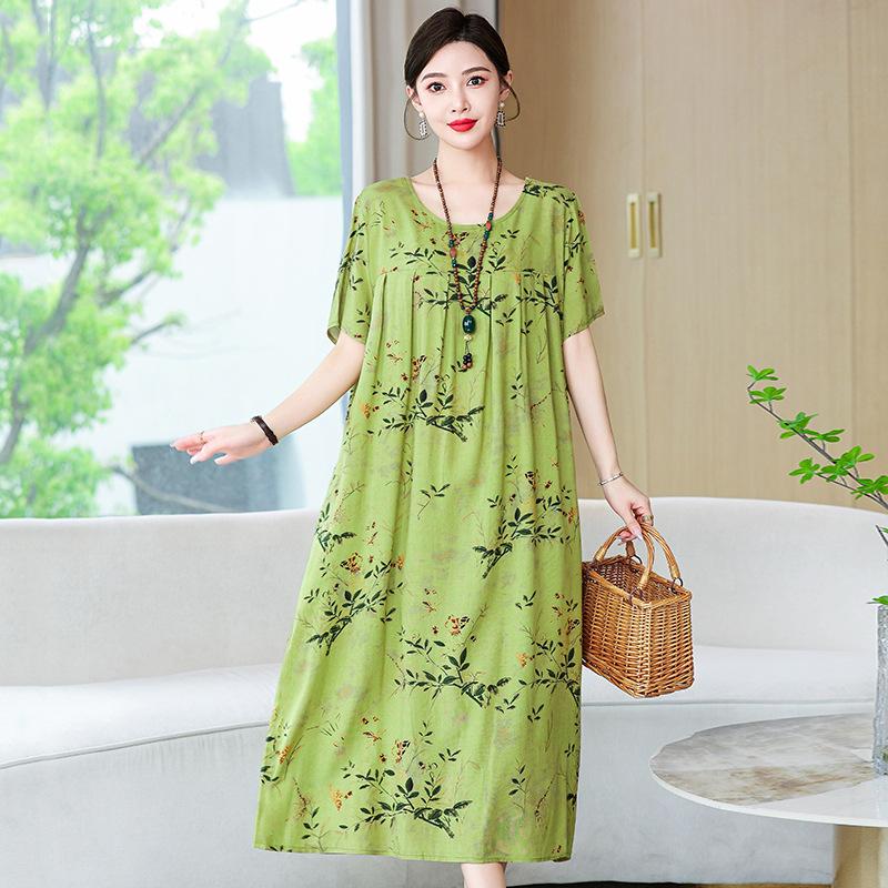 Cotton Silk Dress Women's Summer Large Size Temperament Loose Printing Casual Cotton and Linen Long Skirt