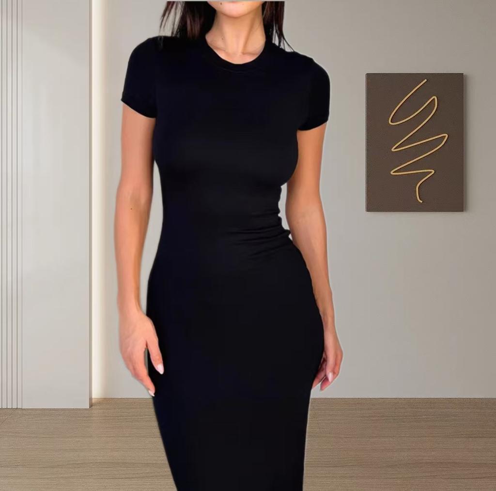 Women Maxi Dress Square Neck Short Sleeves Solid Color Slim Fit Elastic Fishtail Hem Sheath Soft Breathable Lady Daily Party Dress