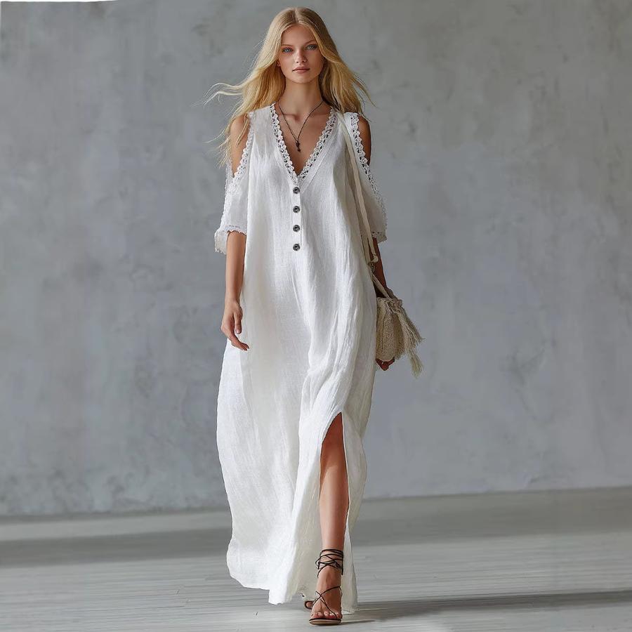 Nouvelle Robe Casual Femme à Bordure en Dentelle Épaules Dégagées Jupe Longue