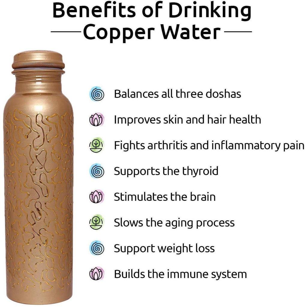 Copper Water Bottle, 1000ml, Set of 1, Green Print (Bottle With Glass)