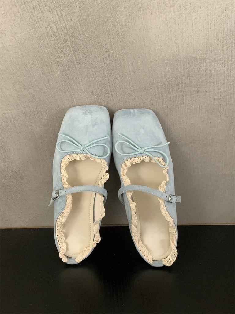 Women's shoes gentle flat Mary Jane half slippers bow single shoes spring and summer retro blue ballet shoes