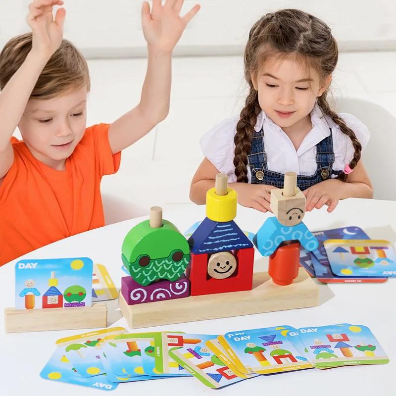Dřevěné kostky skládané Hra na přiřazování tvarů Montessori Trénink logického myšlení Kreativní puzzle hry s tématikou den/noc Dětské hračky