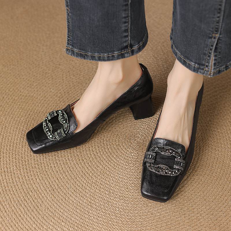 Krazing Pot Vintage Full Grain Leather Summer Autumn Thick High Heels Party Shoes Women Square Toe Leopard Prints Pumps