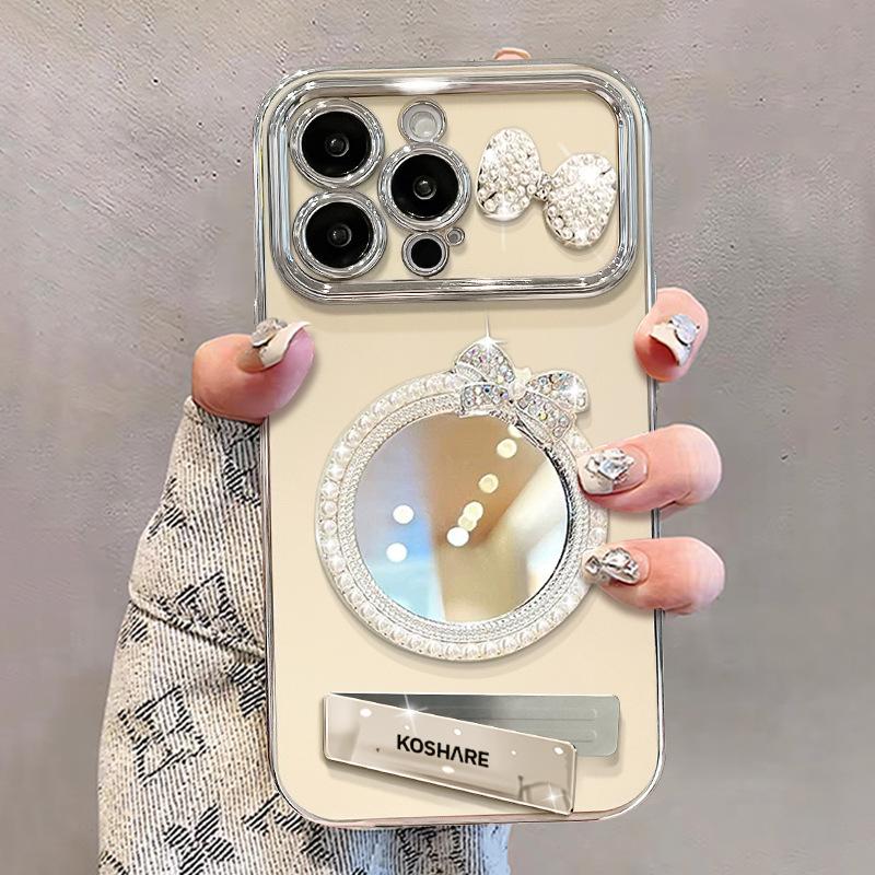 

Зеркальный браслет-кукла с бантом Подходит для чехла для мобильного телефона Apple 16 с большим окном и подставкой 15 Гальванизированный противоударный 14pm iPhone XS Max