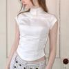 Y2K summer high neck hollowed out single breasted button slim fit solid color casual top