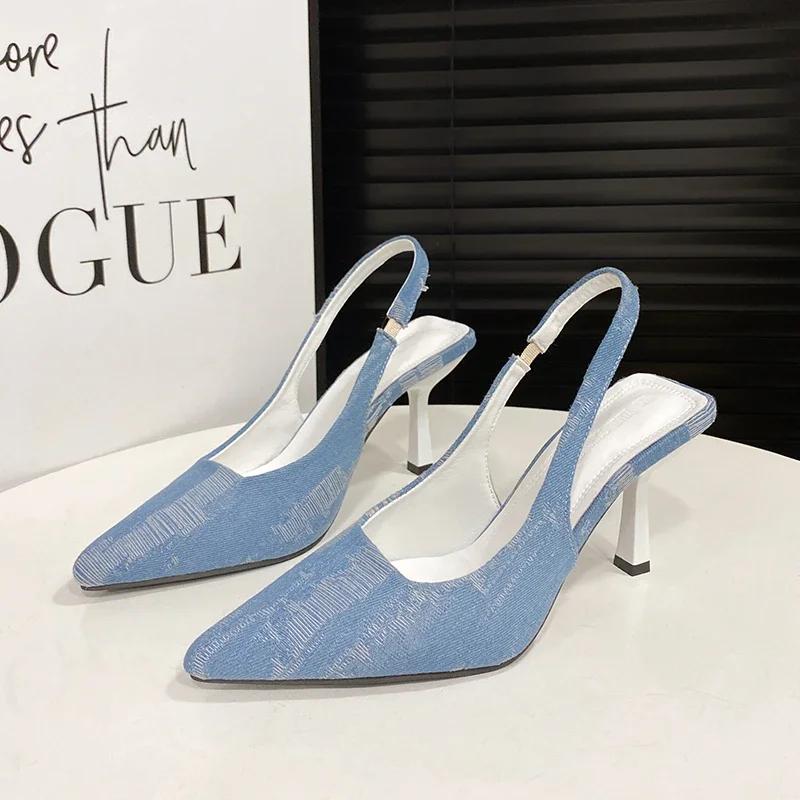 Fashion 2024 New High Heeled Pointed Toe Wrapped Sandals Spring/Summer/Autumn Niche Design Canvas Slim Heel Shoes