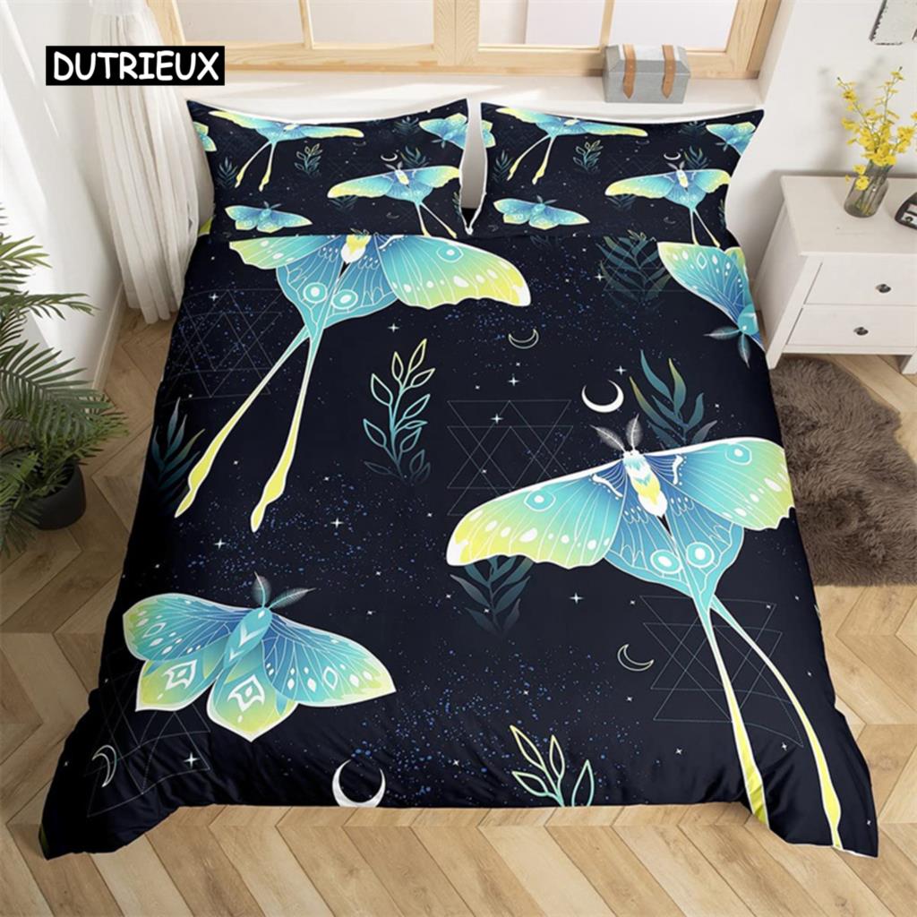 Death Moth Duvet Cover Set Queen Size Gothic Skull Boho Comforter Cover Black and White Skeleton Decorative Soft Bedding Set