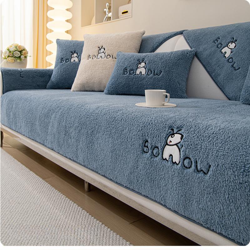Winter Lamb Velvet Sofa Cover Anti-slip Particles Design Cushion Towel Cartoon Style Embroidery Sofa Cover Thickening Warm Mat