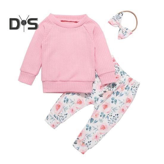 

3 шт./компл. Детский костюм из топа и брюк с бантом, повязкой на голову, цветочным принтом, круглым вырезом, длинными рукавами, эластичным поясом и брюками, наряд для различных случаев 90 cm розовый