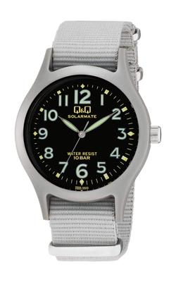 Cue & Cue Men's Analog Solar Watch, 10 ATM Water Resistant, Nylon Strap, Black Dial, H062-005, Gray