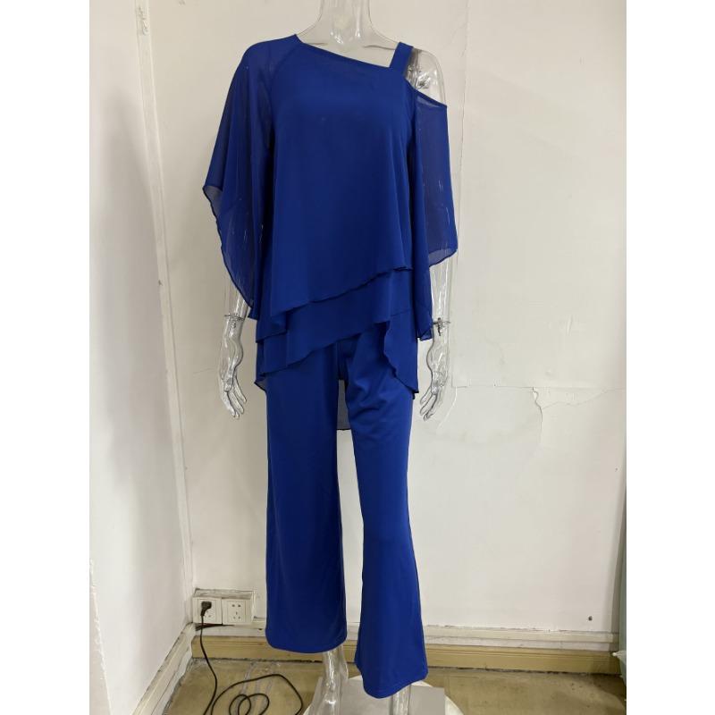 Set Due Pezzi Taglie Forti Manica Pipistrello Orlo Irregolare Top Monospalla e Pantaloni a Gamba Larga