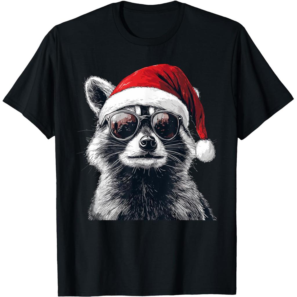 Raccoon Christmas Tree Lights Racoon Lover Xmas T Shirts Men Humor Streetwear Tee Shirt Short Sleeve Unisex Loose Clothing