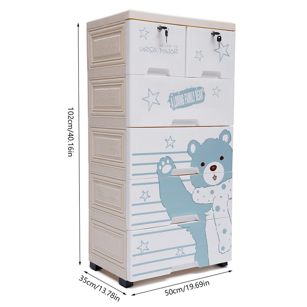 5 Tier Plastic Storage Cabinet for Kids Bedroom Nursery Dresser Organizer 6 Drawers Lockable Wheels Polar Bear