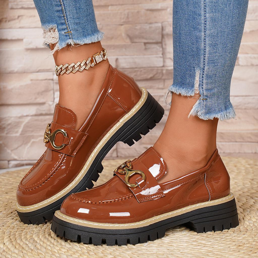 2025 autumn new foreign trade large size round head thick heel thick sole one pedal glossy small leather shoes loafers women