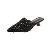 Fashion Glitter Cloth Fine Heel Top Slippers Summer New Pointy Buckle Cover Foot Anti-slip and Wear-resistant Heel Shoes